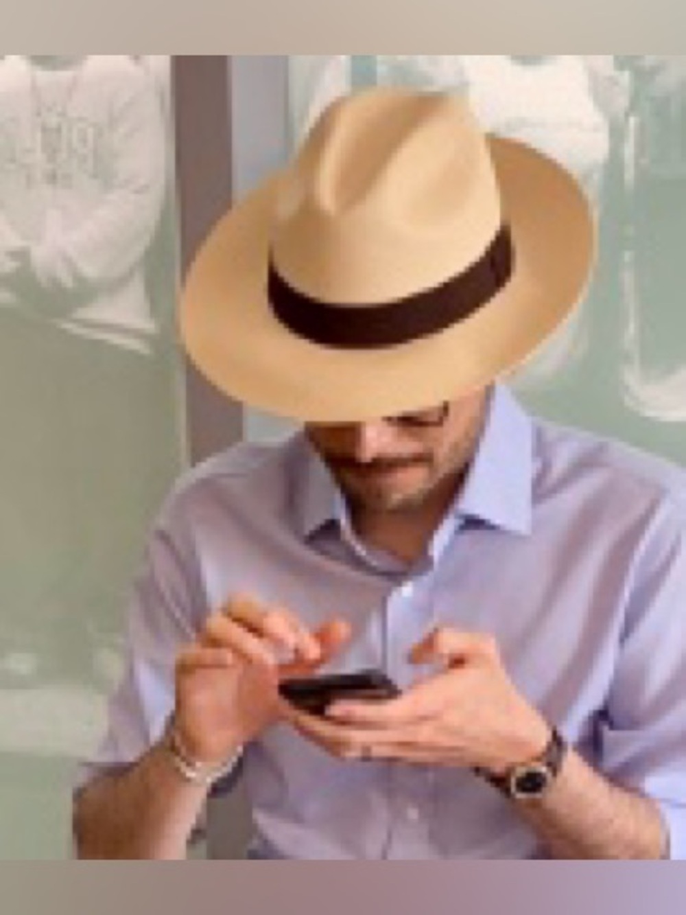 Straw Fedora Hat. Tan with dark chocolate brown band. Paper product. Made in Mex
